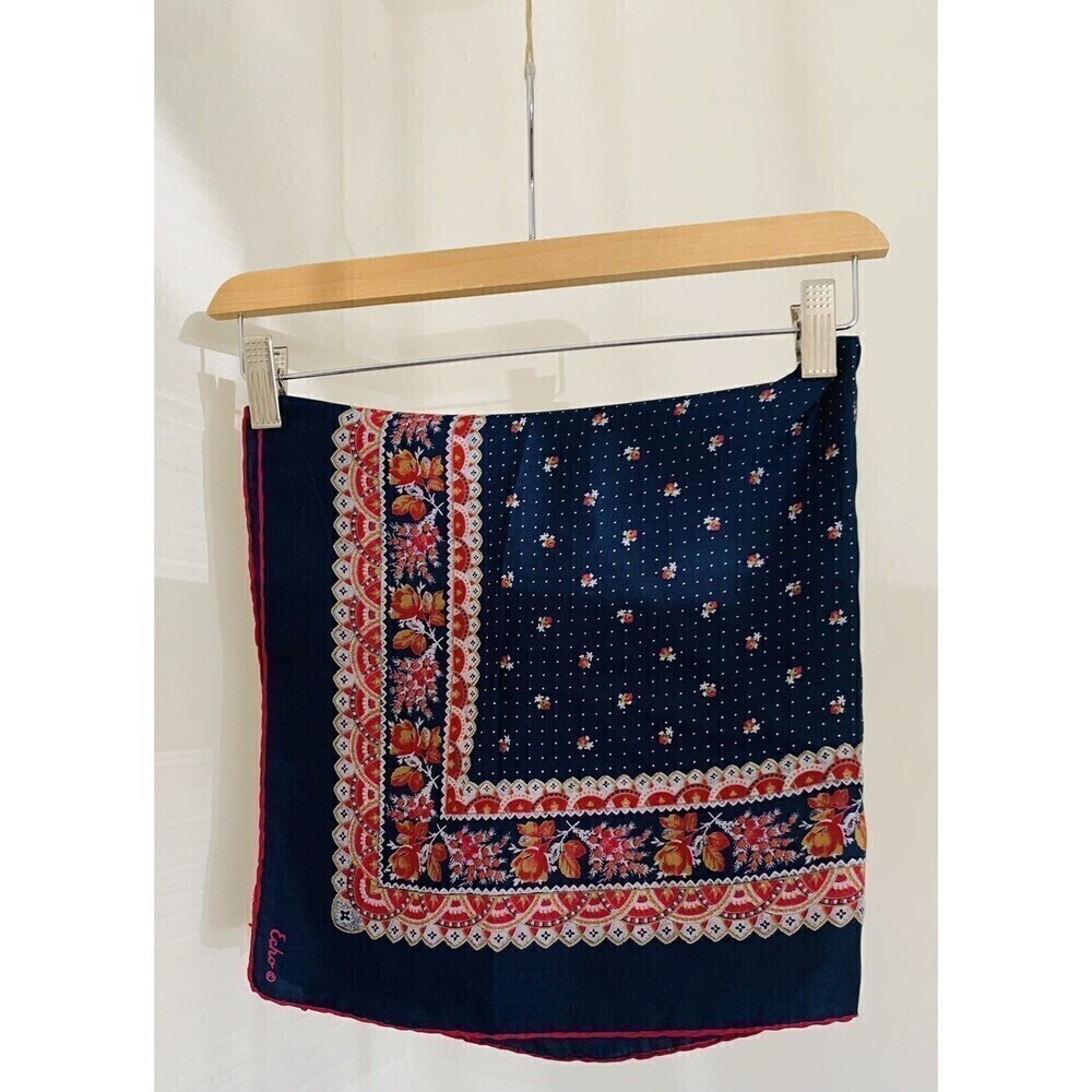 Vintage Echo Navy Rectangle 26 X 26Scarf Floral Boho Classic 100% Silk Japan